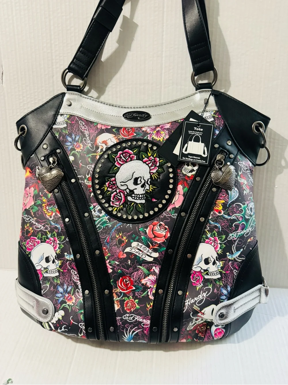 Ed Hardy embellished Black Floral Skull Tote Bag BNWT